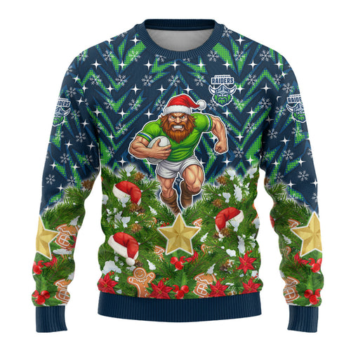 Personalised Raiders Rugby Christmas Ugly Christmas Sweater Santa Rugby Mascot - Pine Wreath Festive
