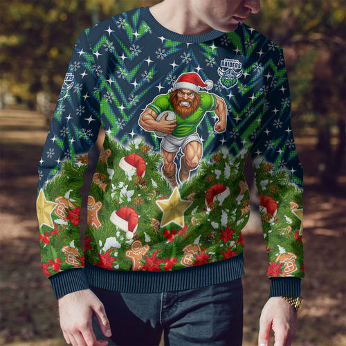 Personalised Raiders Rugby Christmas Ugly Christmas Sweater Santa Rugby Mascot - Pine Wreath Festive