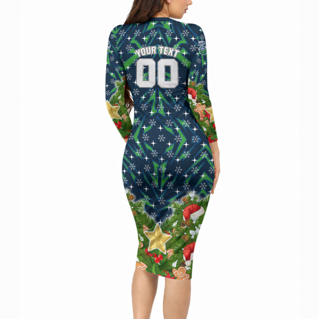Personalised Raiders Rugby Christmas Long Sleeve Bodycon Dress Santa Rugby Mascot - Pine Wreath Festive
