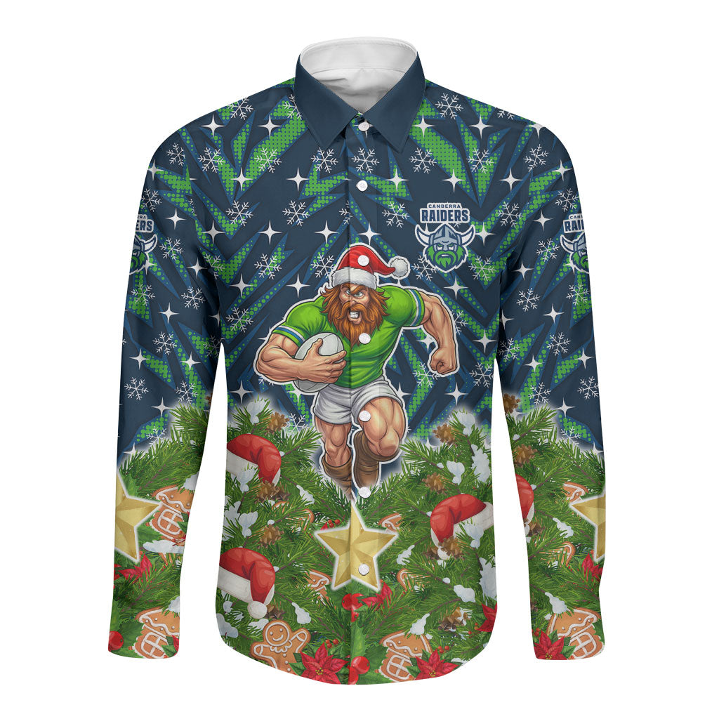 Personalised Raiders Rugby Christmas Long Sleeve Button Shirt Santa Rugby Mascot - Pine Wreath Festive