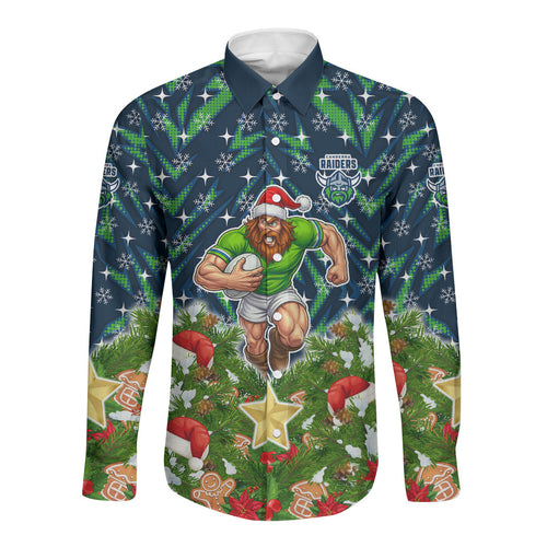 Personalised Raiders Rugby Christmas Long Sleeve Button Shirt Santa Rugby Mascot - Pine Wreath Festive