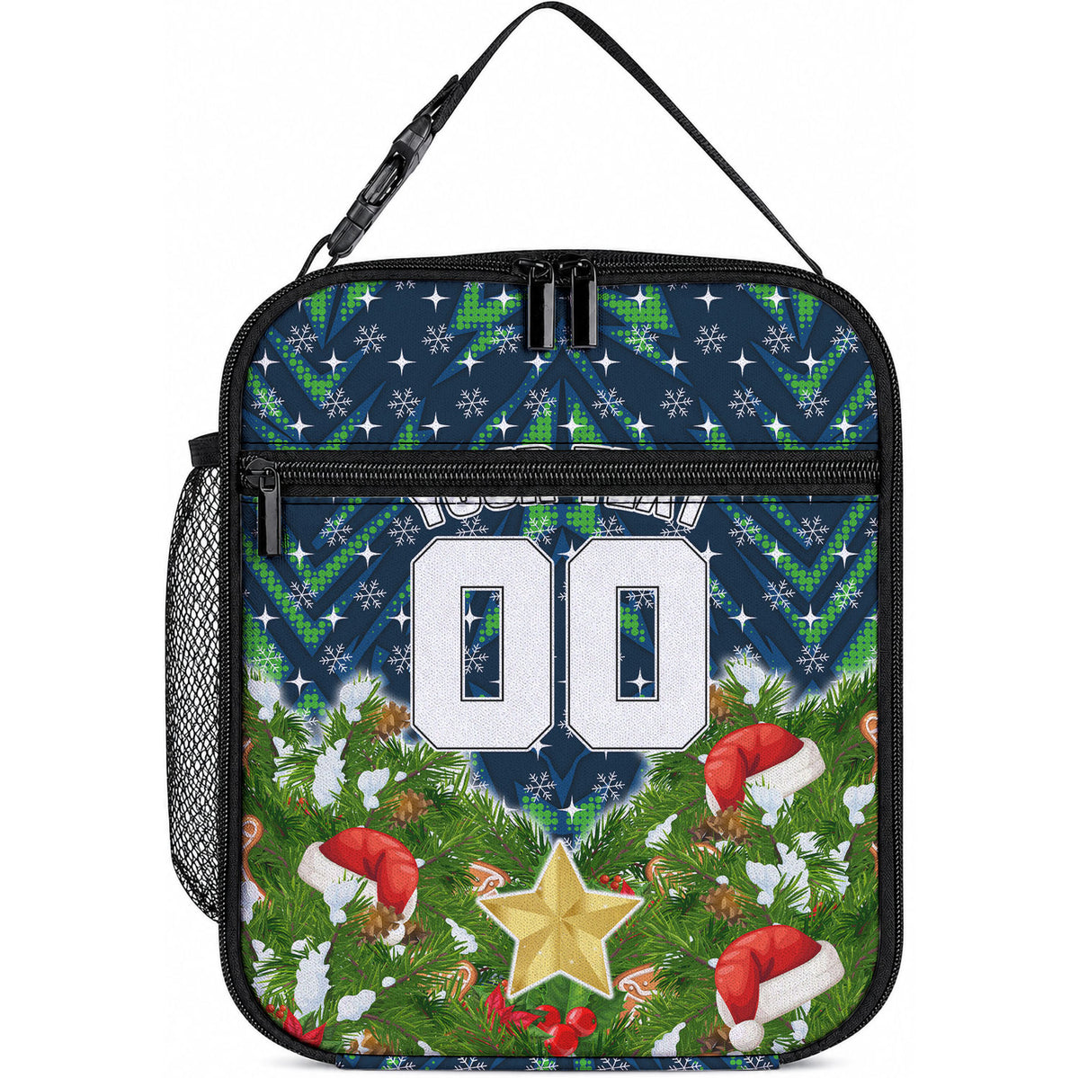 Personalised Raiders Rugby Christmas Lunch Bag Santa Rugby Mascot - Pine Wreath Festive