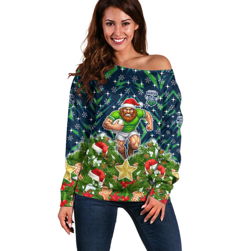 Personalised Raiders Rugby Christmas Off Shoulder Sweater Santa Rugby Mascot - Pine Wreath Festive