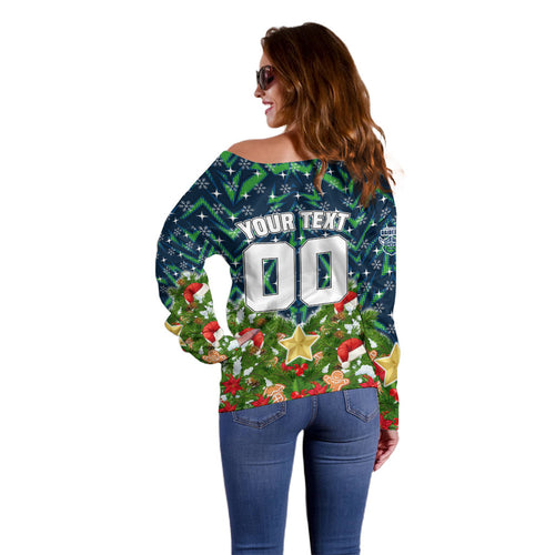 Personalised Raiders Rugby Christmas Off Shoulder Sweater Santa Rugby Mascot - Pine Wreath Festive