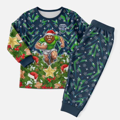 Personalised Raiders Rugby Christmas Pajama Set Santa Rugby Mascot - Pine Wreath Festive
