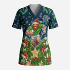 Personalised Raiders Rugby Christmas Scrub Top Santa Rugby Mascot - Pine Wreath Festive