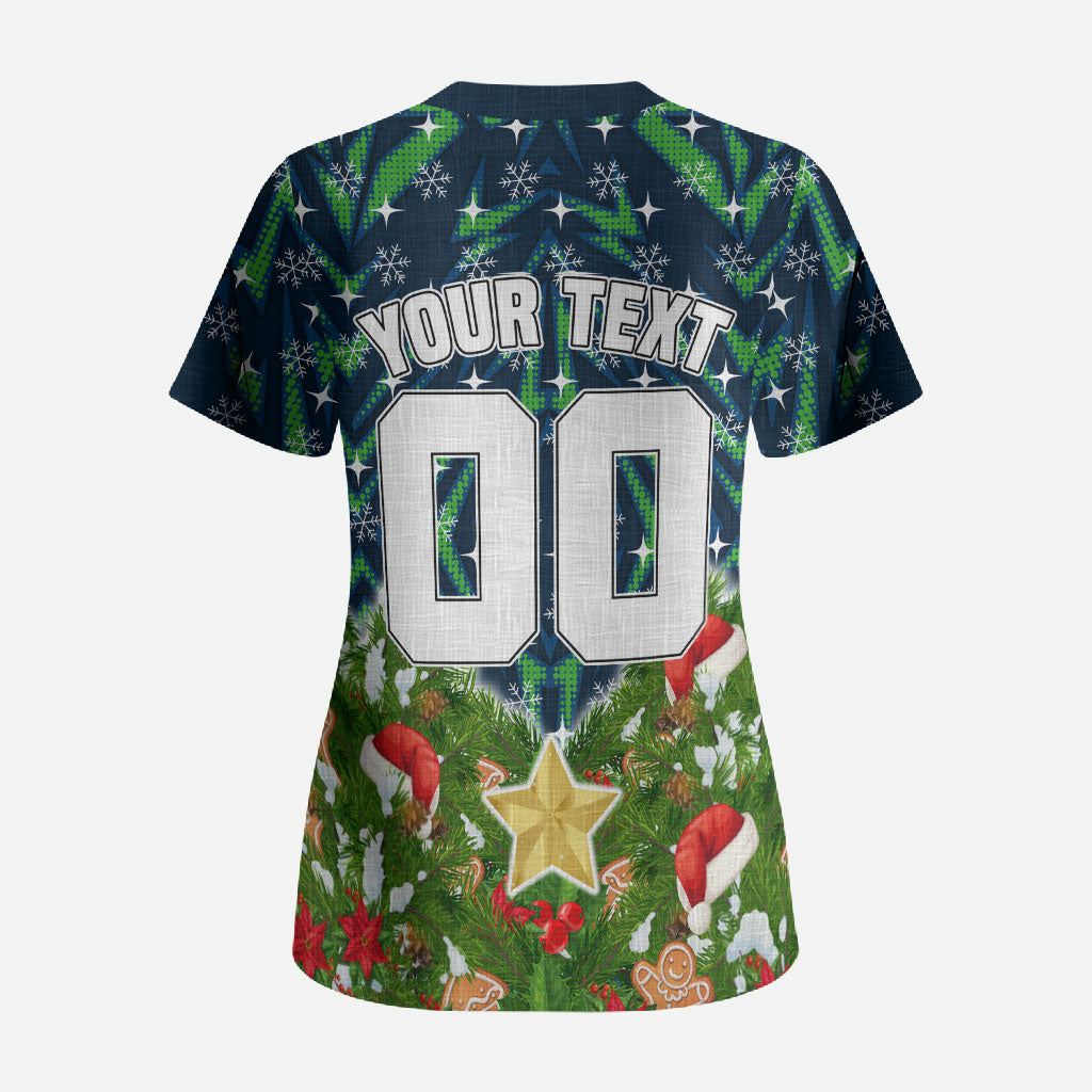 Personalised Raiders Rugby Christmas Scrub Top Santa Rugby Mascot - Pine Wreath Festive