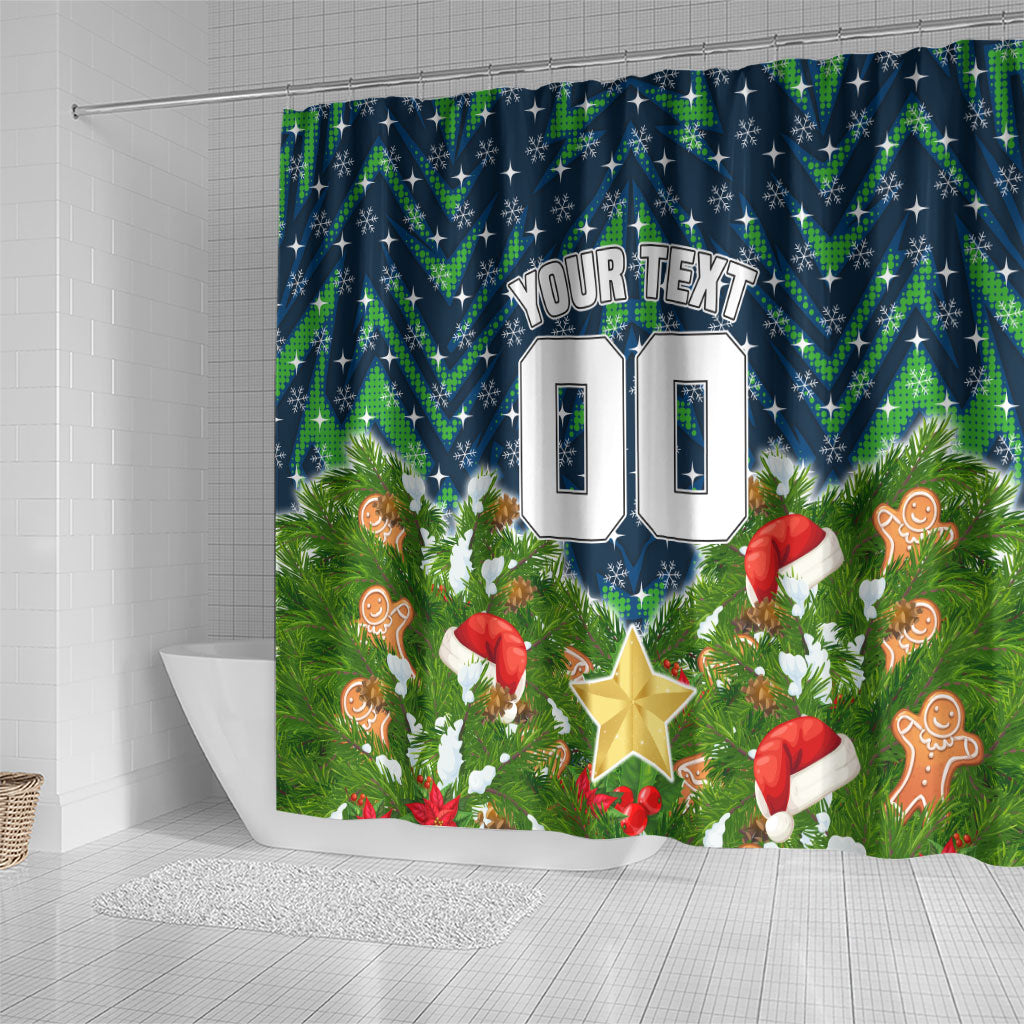 Personalised Raiders Rugby Christmas Shower Curtain Santa Rugby Mascot - Pine Wreath Festive