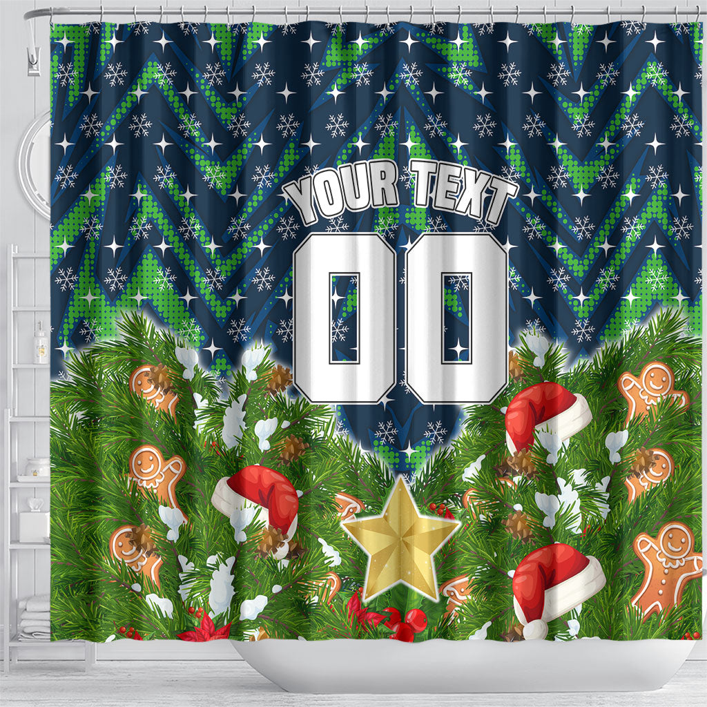 Personalised Raiders Rugby Christmas Shower Curtain Santa Rugby Mascot - Pine Wreath Festive