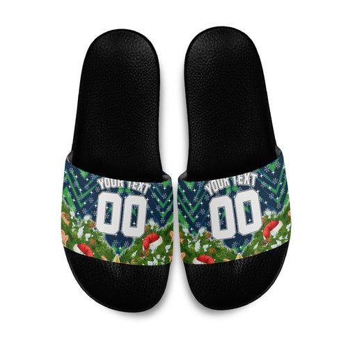 Personalised Raiders Rugby Christmas Slide Sandals Santa Rugby Mascot - Pine Wreath Festive