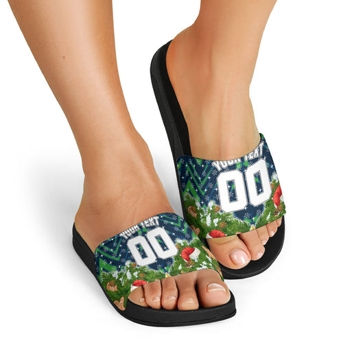 Personalised Raiders Rugby Christmas Slide Sandals Santa Rugby Mascot - Pine Wreath Festive
