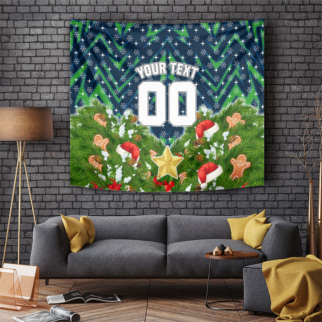 Personalised Raiders Rugby Christmas Tapestry Santa Rugby Mascot - Pine Wreath Festive