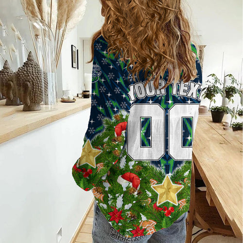 Personalised Raiders Rugby Christmas Women Casual Shirt Santa Rugby Mascot - Pine Wreath Festive