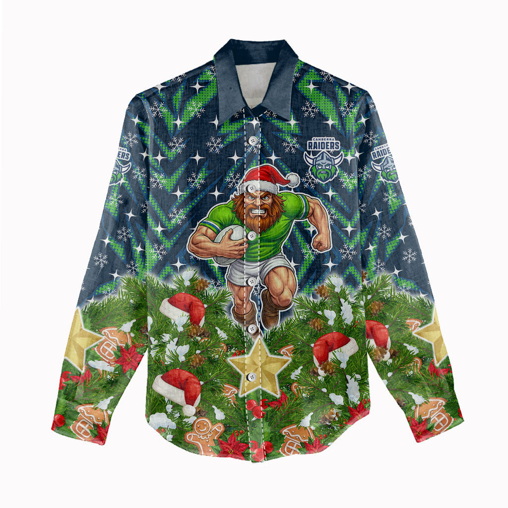 Personalised Raiders Rugby Christmas Women Casual Shirt Santa Rugby Mascot - Pine Wreath Festive
