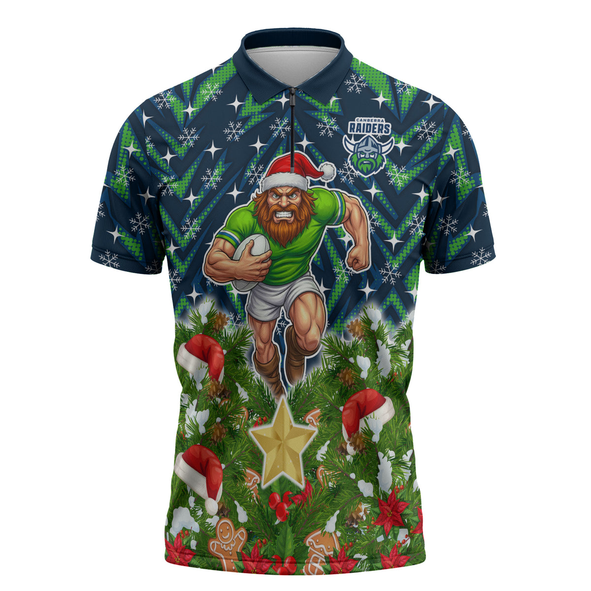 Personalised Raiders Rugby Christmas Zipper Polo Shirt Santa Rugby Mascot - Pine Wreath Festive