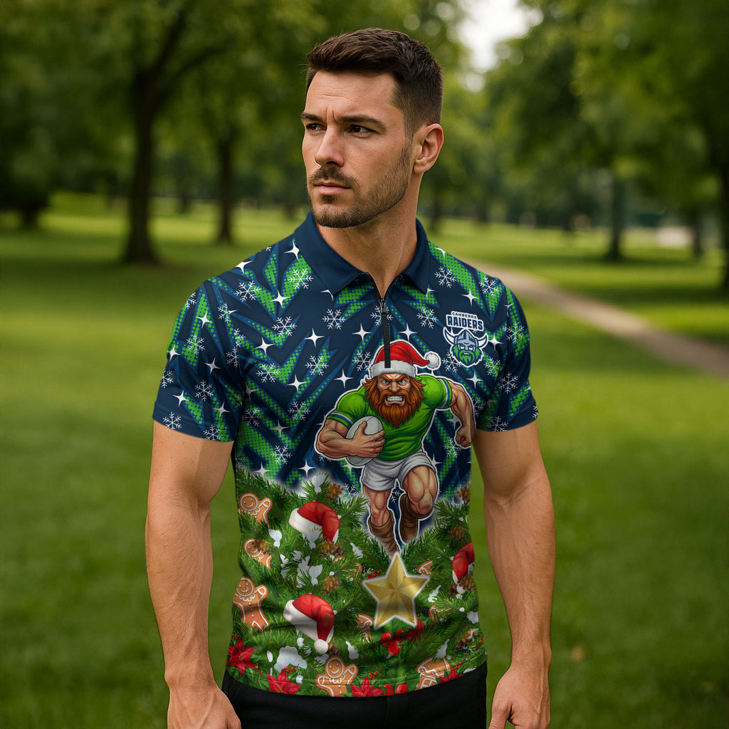 Personalised Raiders Rugby Christmas Zipper Polo Shirt Santa Rugby Mascot - Pine Wreath Festive
