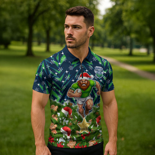 Personalised Raiders Rugby Christmas Zipper Polo Shirt Santa Rugby Mascot - Pine Wreath Festive