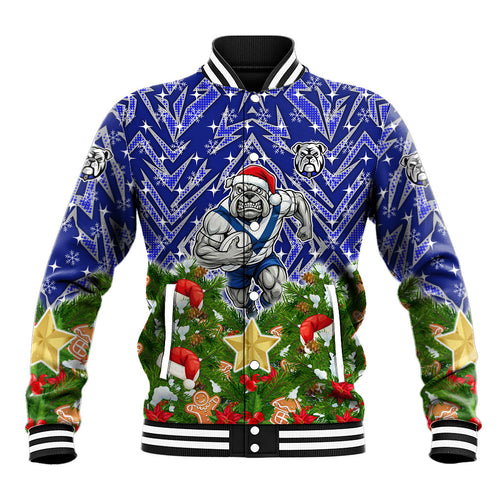 Personalised Bulldogs Rugby Christmas Baseball Jacket Santa Rugby Mascot - Pine Wreath Festive