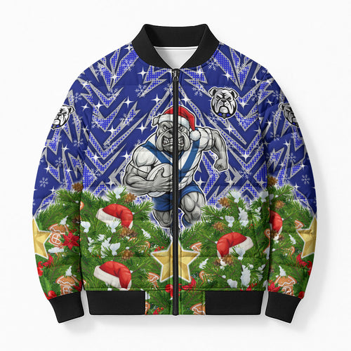 Personalised Bulldogs Rugby Christmas Bomber Puffer Jacket Santa Rugby Mascot - Pine Wreath Festive