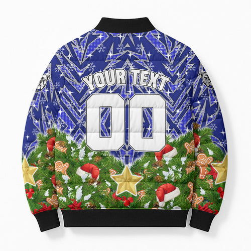Personalised Bulldogs Rugby Christmas Bomber Puffer Jacket Santa Rugby Mascot - Pine Wreath Festive