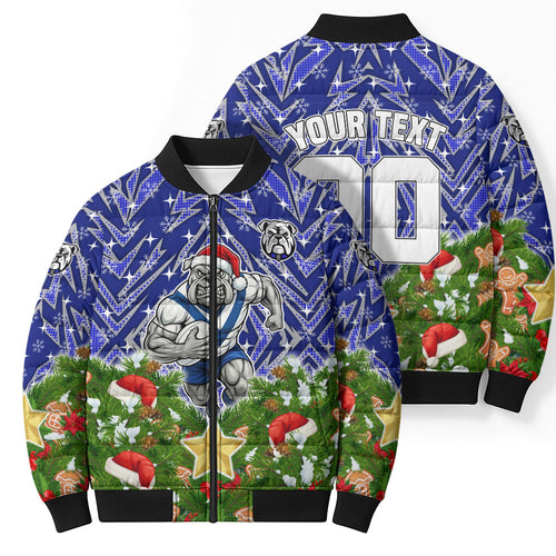 Personalised Bulldogs Rugby Christmas Bomber Puffer Jacket Santa Rugby Mascot - Pine Wreath Festive