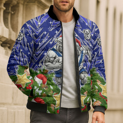Personalised Bulldogs Rugby Christmas Bomber Puffer Jacket Santa Rugby Mascot - Pine Wreath Festive