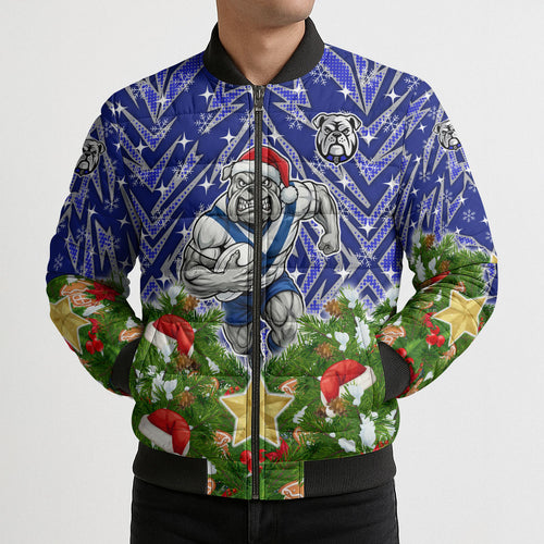Personalised Bulldogs Rugby Christmas Bomber Puffer Jacket Santa Rugby Mascot - Pine Wreath Festive