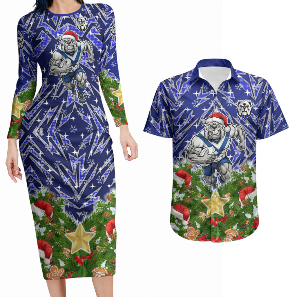 Personalised Bulldogs Rugby Christmas Couples Matching Long Sleeve Bodycon Dress and Hawaiian Shirt Santa Rugby Mascot - Pine Wreath Festive
