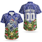 Personalised Bulldogs Rugby Christmas Couples Matching Long Sleeve Bodycon Dress and Hawaiian Shirt Santa Rugby Mascot - Pine Wreath Festive