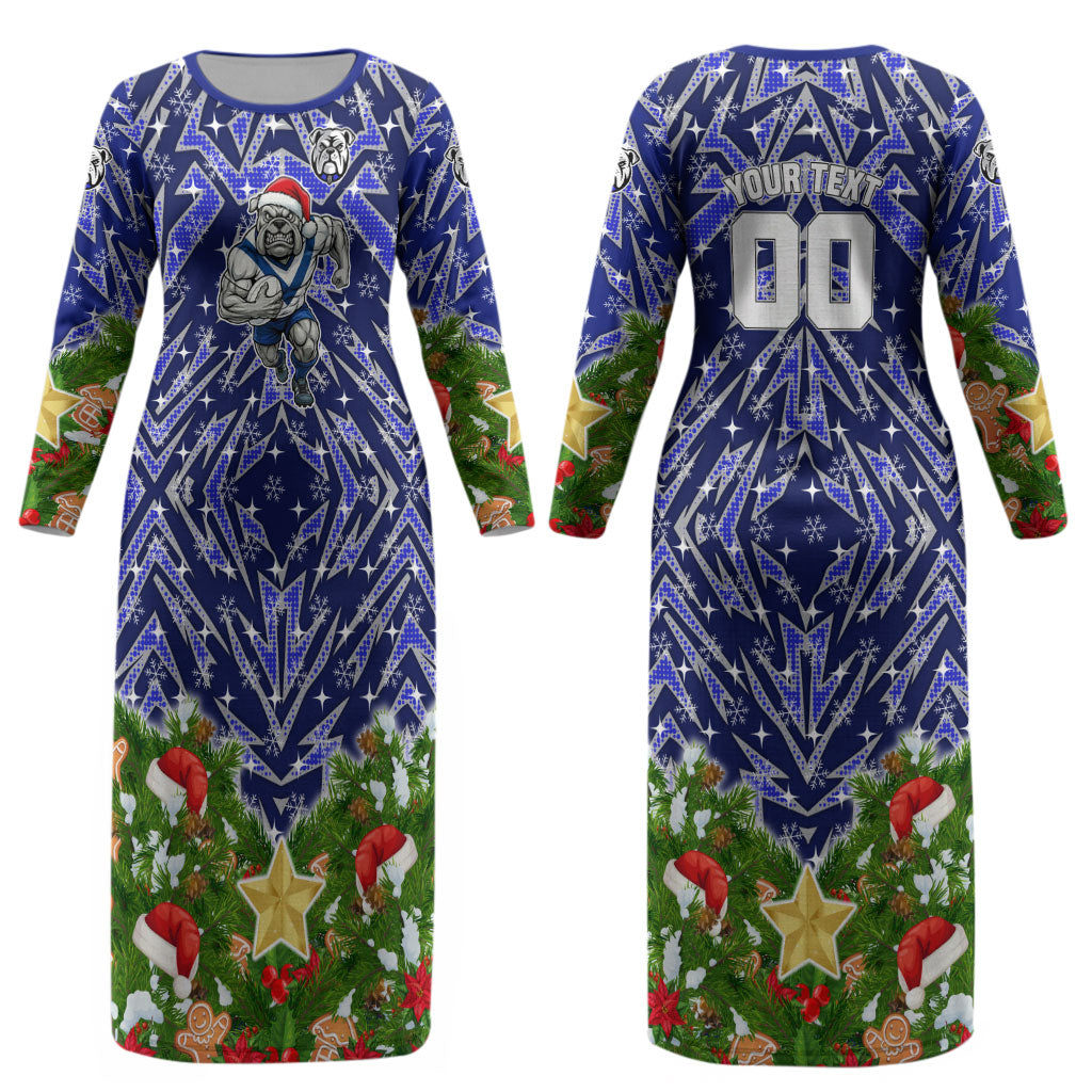 Personalised Bulldogs Rugby Christmas Couples Matching Long Sleeve Bodycon Dress and Hawaiian Shirt Santa Rugby Mascot - Pine Wreath Festive