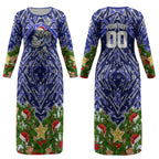 Personalised Bulldogs Rugby Christmas Couples Matching Long Sleeve Bodycon Dress and Hawaiian Shirt Santa Rugby Mascot - Pine Wreath Festive