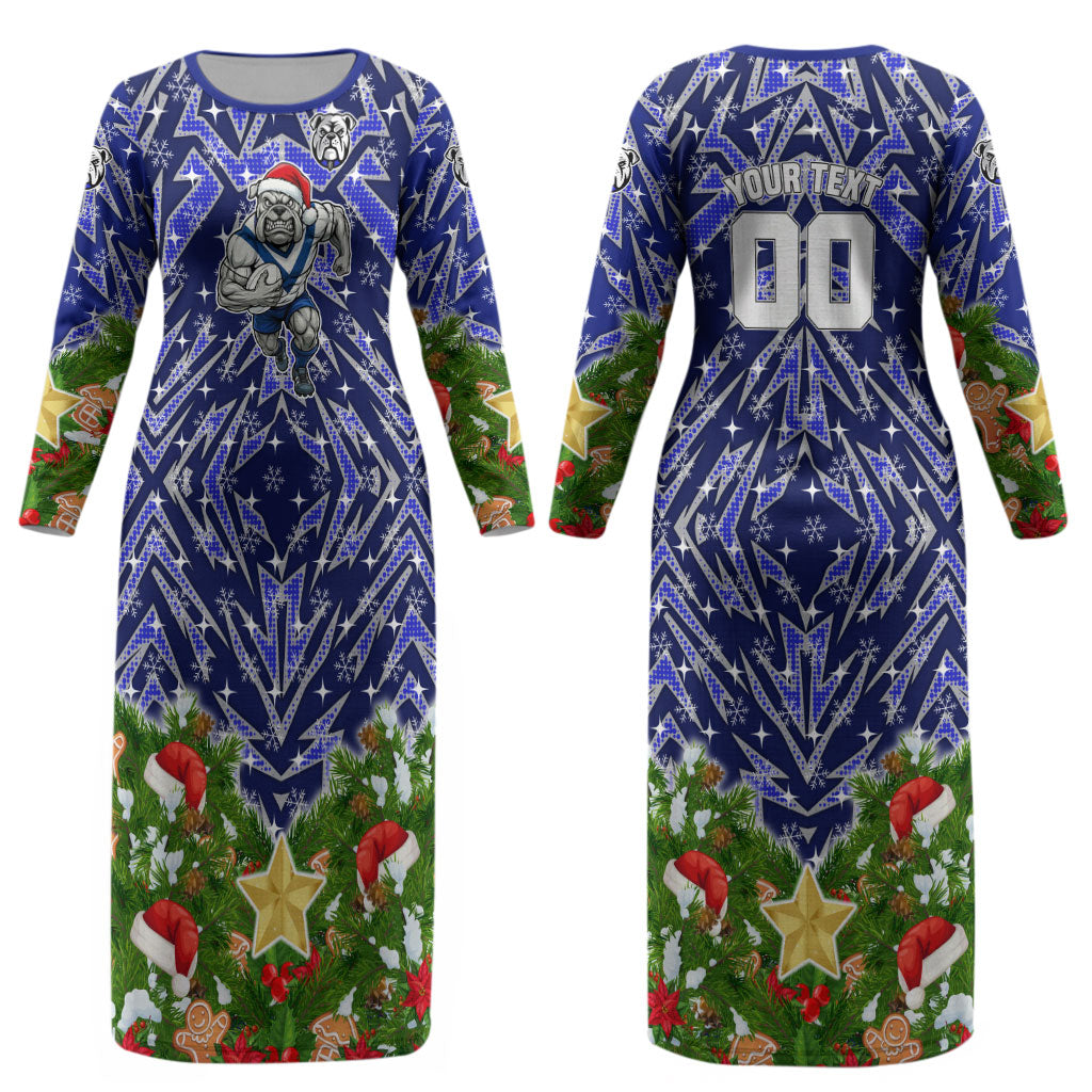 Personalised Bulldogs Rugby Christmas Couples Matching Long Sleeve Bodycon Dress and Long Sleeve Button Shirt Santa Rugby Mascot - Pine Wreath Festive