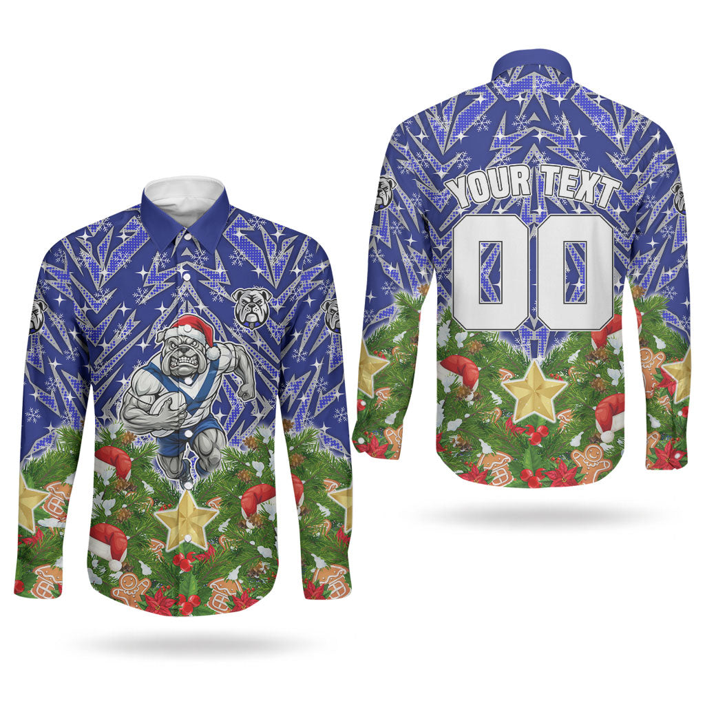 Personalised Bulldogs Rugby Christmas Couples Matching Mermaid Dress and Long Sleeve Button Shirt Santa Rugby Mascot - Pine Wreath Festive