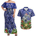 Personalised Bulldogs Rugby Christmas Couples Matching Off Shoulder Maxi Dress and Hawaiian Shirt Santa Rugby Mascot - Pine Wreath Festive