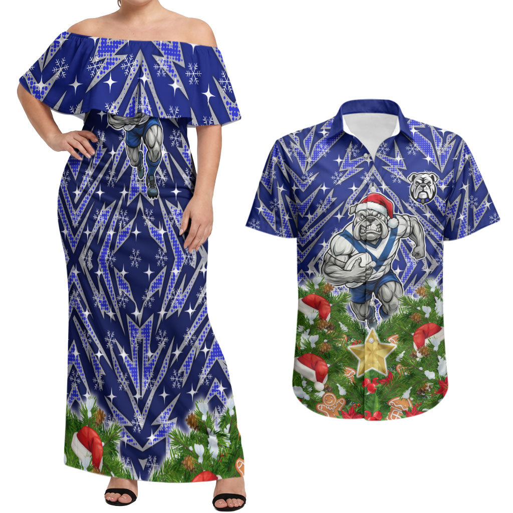 Personalised Bulldogs Rugby Christmas Couples Matching Off Shoulder Maxi Dress and Hawaiian Shirt Santa Rugby Mascot - Pine Wreath Festive