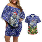 Personalised Bulldogs Rugby Christmas Couples Matching Off Shoulder Short Dress and Hawaiian Shirt Santa Rugby Mascot - Pine Wreath Festive