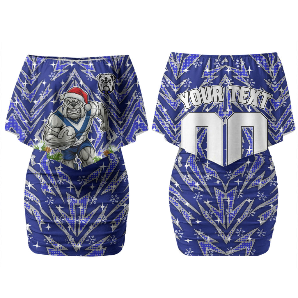 Personalised Bulldogs Rugby Christmas Couples Matching Off Shoulder Short Dress and Hawaiian Shirt Santa Rugby Mascot - Pine Wreath Festive