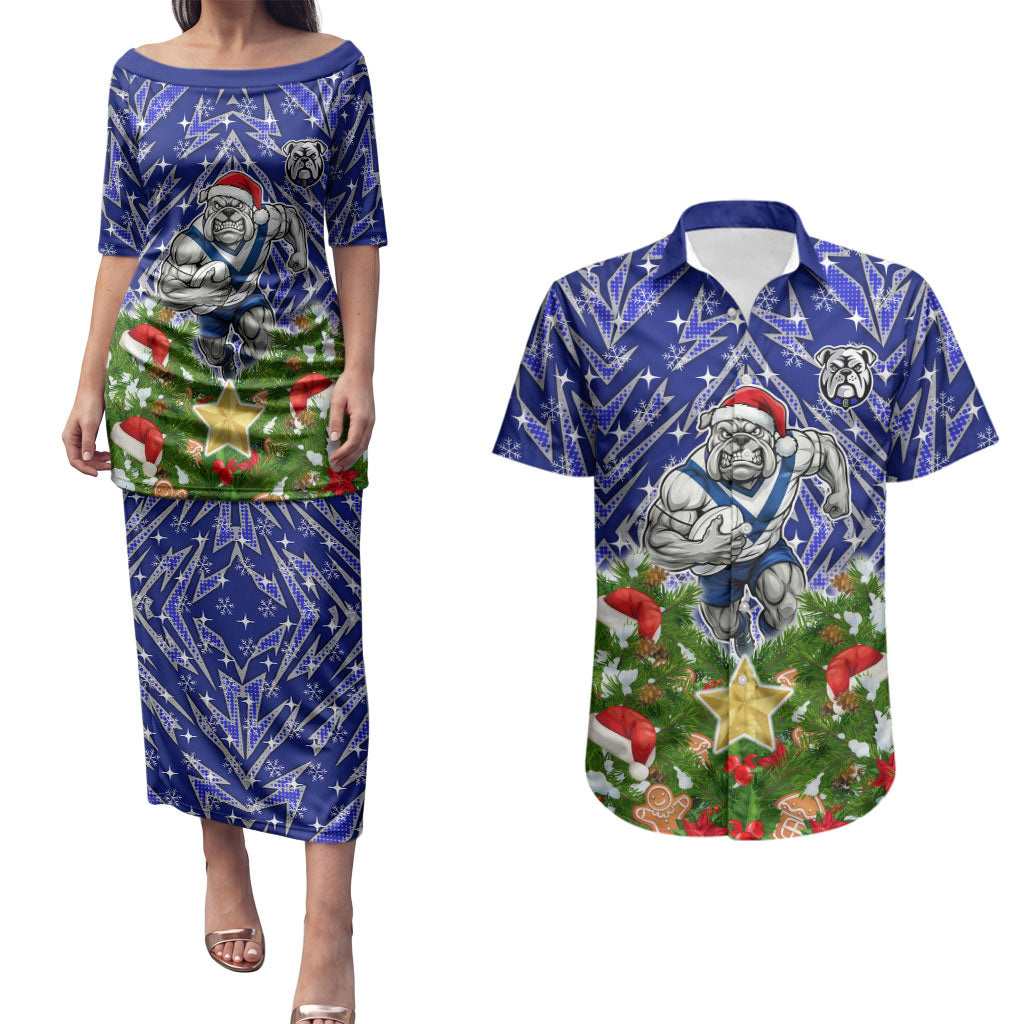 Personalised Bulldogs Rugby Christmas Couples Matching Puletasi and Hawaiian Shirt Santa Rugby Mascot - Pine Wreath Festive