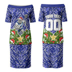 Personalised Bulldogs Rugby Christmas Couples Matching Puletasi and Long Sleeve Button Shirt Santa Rugby Mascot - Pine Wreath Festive