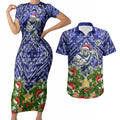 Personalised Bulldogs Rugby Christmas Couples Matching Short Sleeve Bodycon Dress and Hawaiian Shirt Santa Rugby Mascot - Pine Wreath Festive