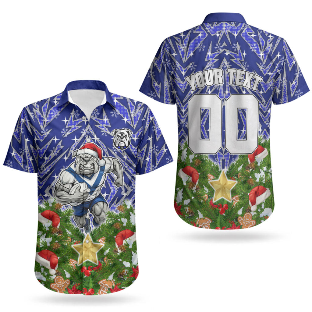 Personalised Bulldogs Rugby Christmas Couples Matching Short Sleeve Bodycon Dress and Hawaiian Shirt Santa Rugby Mascot - Pine Wreath Festive