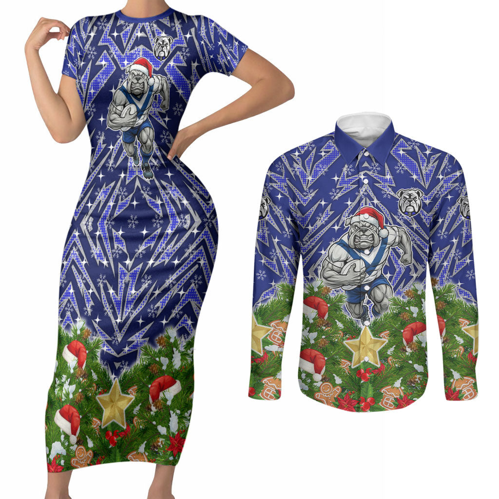 Personalised Bulldogs Rugby Christmas Couples Matching Short Sleeve Bodycon Dress and Long Sleeve Button Shirt Santa Rugby Mascot - Pine Wreath Festive