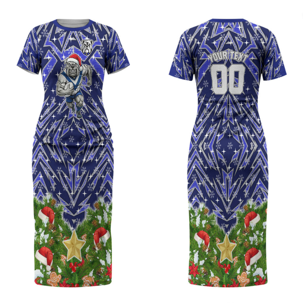 Personalised Bulldogs Rugby Christmas Couples Matching Short Sleeve Bodycon Dress and Long Sleeve Button Shirt Santa Rugby Mascot - Pine Wreath Festive