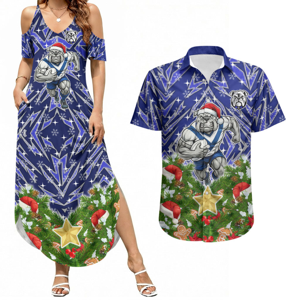 Personalised Bulldogs Rugby Christmas Couples Matching Summer Maxi Dress and Hawaiian Shirt Santa Rugby Mascot - Pine Wreath Festive