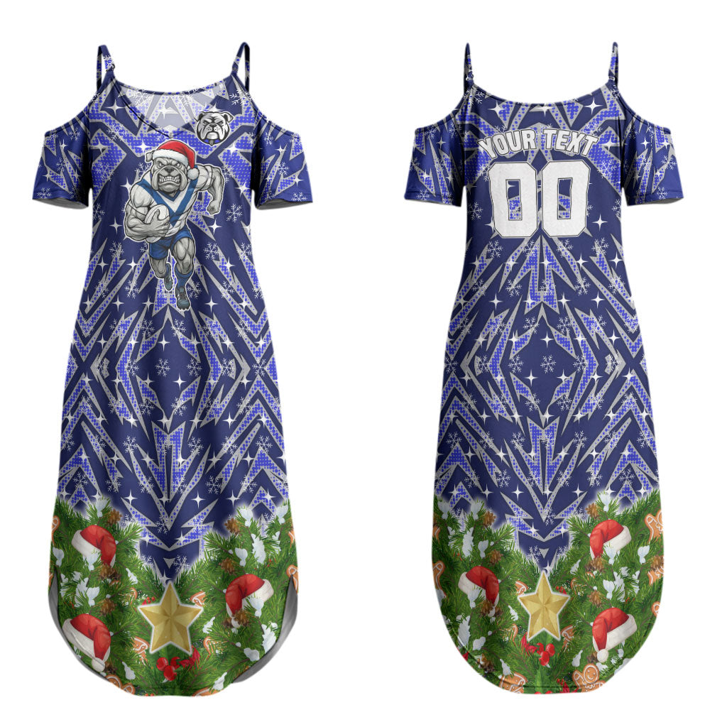 Personalised Bulldogs Rugby Christmas Couples Matching Summer Maxi Dress and Hawaiian Shirt Santa Rugby Mascot - Pine Wreath Festive