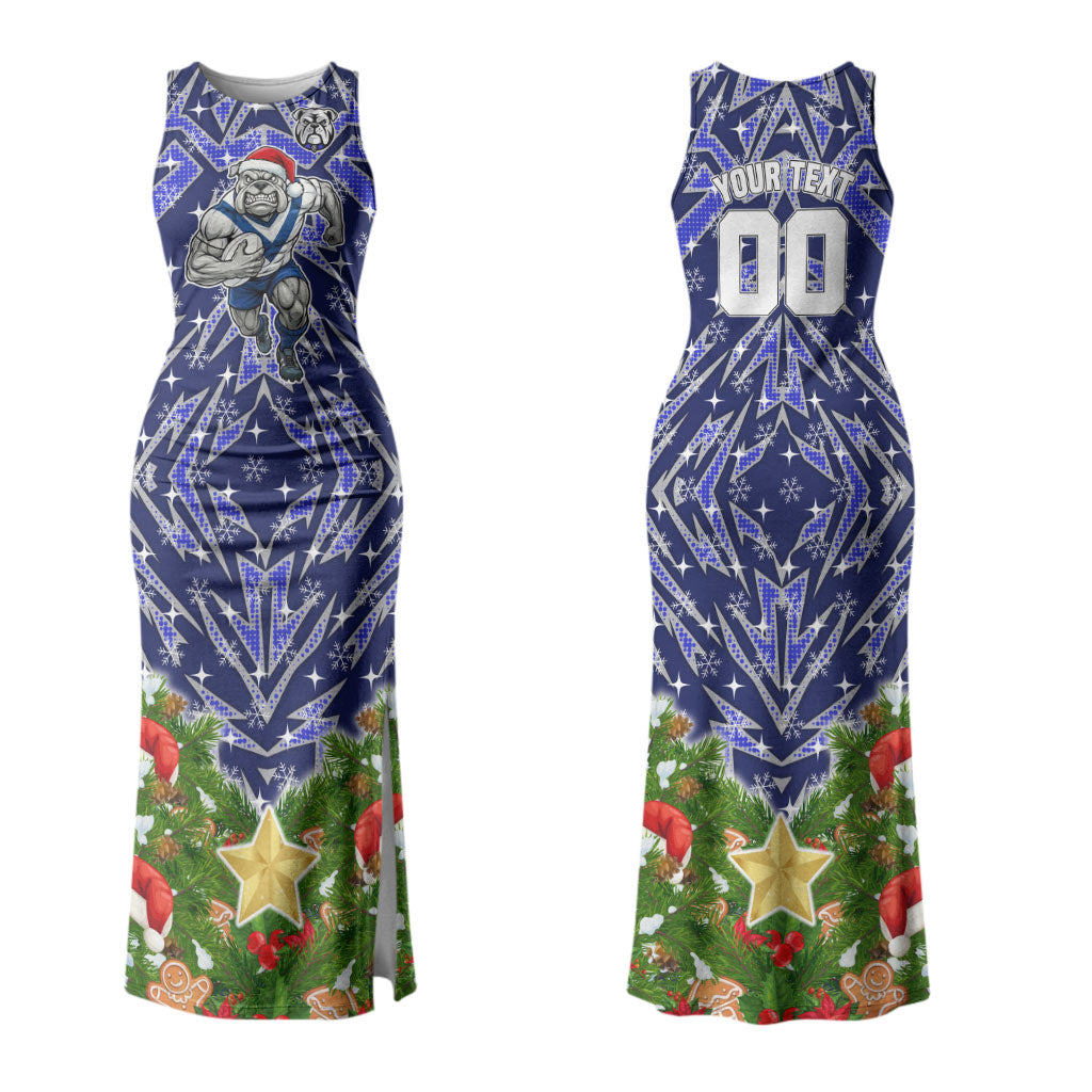 Personalised Bulldogs Rugby Christmas Couples Matching Tank Maxi Dress and Hawaiian Shirt Santa Rugby Mascot - Pine Wreath Festive