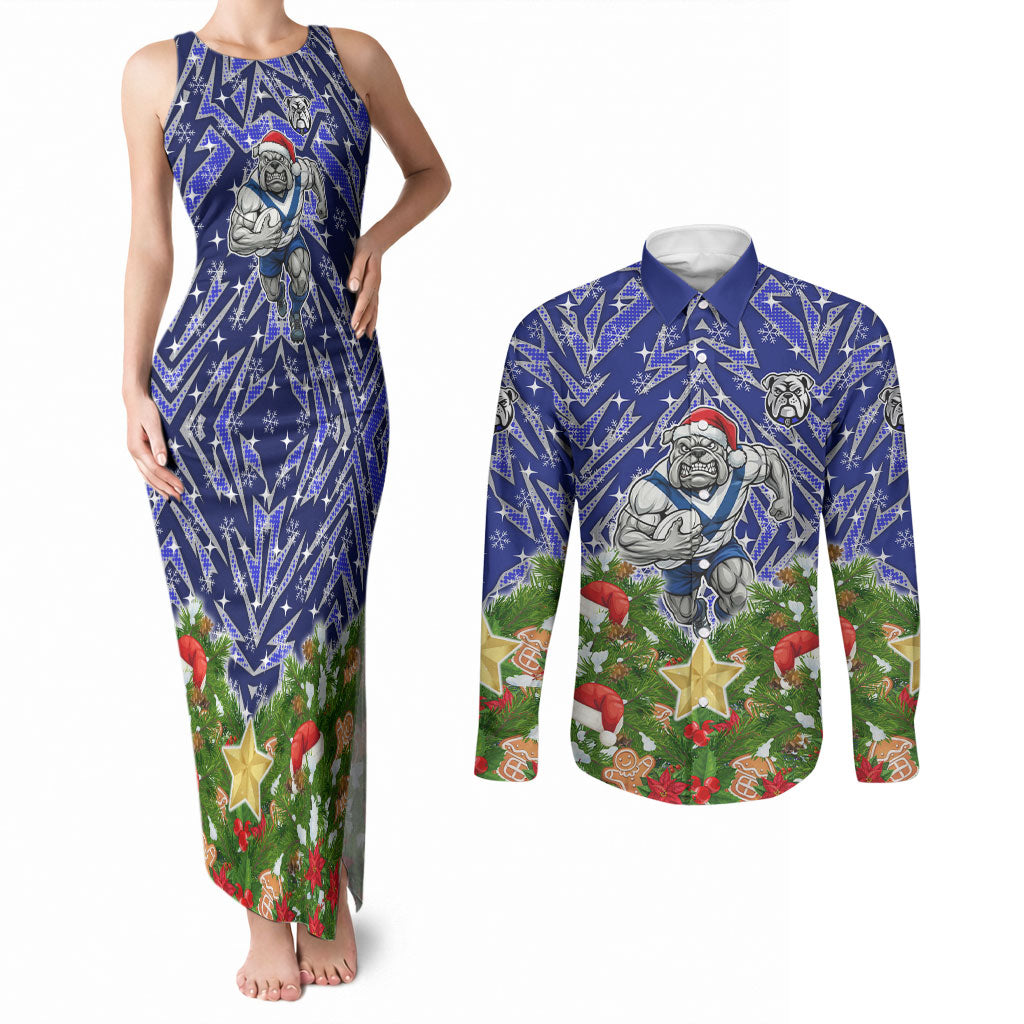Personalised Bulldogs Rugby Christmas Couples Matching Tank Maxi Dress and Long Sleeve Button Shirt Santa Rugby Mascot - Pine Wreath Festive