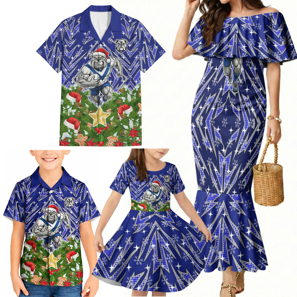 Personalised Bulldogs Rugby Christmas Family Matching Mermaid Dress and Hawaiian Shirt Santa Rugby Mascot - Pine Wreath Festive