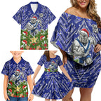 Personalised Bulldogs Rugby Christmas Family Matching Off Shoulder Short Dress and Hawaiian Shirt Santa Rugby Mascot - Pine Wreath Festive