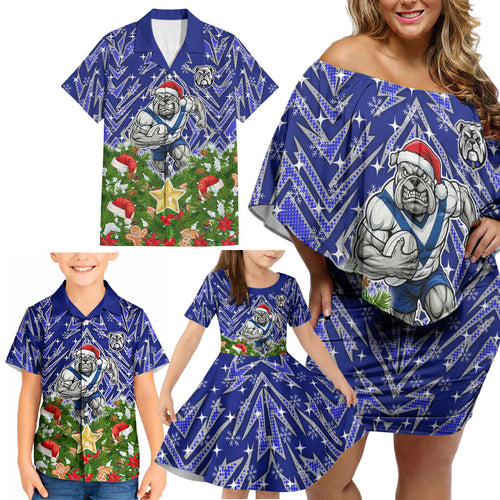 Personalised Bulldogs Rugby Christmas Family Matching Off Shoulder Short Dress and Hawaiian Shirt Santa Rugby Mascot - Pine Wreath Festive